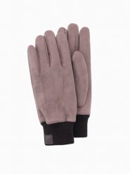 Rękawiczki męskie z ekozamszu ze ściągaczem – brązowe V2 OM-ACGL-0112 - one size. Brązowe rękawiczki męskie Ombre Clothing, z aplikacjami, z elastanu, wizytowe. Za 41.99 zł.