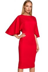 Sukienka elegancka ołówkowa z szerokimi rękawami czerwona z pelerynką. Czerwone sukienki damskie Sukienki.shop, na komunię, l, bez wzorów, eleganckie, bez kołnierzyka, bez ramiączek, ołówkowe. Za 289.00 zł.