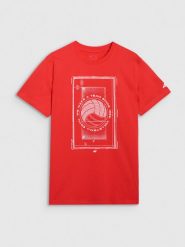 4F T-shirt regular z nadrukiem siatkarskim męski - czerwony XL. Czerwone koszulki sportowe męskie 4f, l, bez wzorów, z bawełny, klasyczne, bez kołnierzyka. Za 69.99 zł.