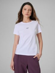 4F T-shirt slim gładki damski - biały XXL. Białe koszulki sportowe damskie 4f, xxl, bez wzorów, z materiału, bez kołnierzyka, bez ramiączek, na fitness i siłownię. Za 49.99 zł.