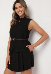 Czarny Wiskozowy Komplet Spódnico-Spodenki z Kieszeniami Bluzka ze Szlufkami z Paskiem Mavireina. Czarne bluzki damskie Born2be, l, bez wzorów, z materiału, eleganckie, bez kołnierzyka, bez ramiączek. Za 229.99 zł.