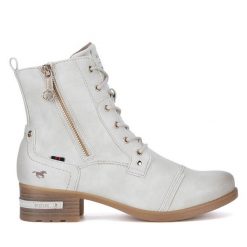 Trzewiki Mustang. Białe botki damskie Mustang, bez obcasa, na płaskiej podeszwie, bez zapięcia. Za 359.99 zł.