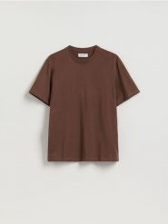 T-shirt regular z bawełny - ciemnobrązowy. Brązowe t-shirty męskie Reserved, l, bez wzorów, z bawełny, bez kołnierzyka. Za 49.99 zł.