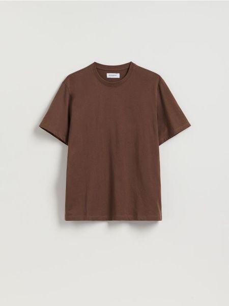 T-shirt regular z bawełny - ciemnobrązowy. Brązowe t-shirty męskie Reserved, l, bez wzorów, z bawełny, bez kołnierzyka. Za 49.99 zł.