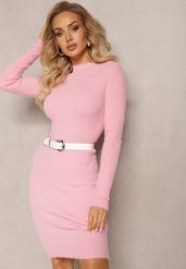 Różowa Wełniana Sukienka Midi Prążkowana z Półgolfem Sebhatta. Czerwone sukienki damskie Renee, s, bez wzorów, prążkowane, bez kołnierzyka, bez ramiączek, midi. Za 59.99 zł.