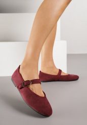 Bordowe Balerinki Mary Jane z Klamrą Zaurg. Czerwone baleriny damskie Renee, bez wzorów, z jeansu, eleganckie, bez obcasa. Za 59.99 zł.