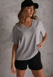 Szary T-shirt Bawełniany z Dekoltem w V Adozixie. Szare bluzki damskie Renee, bez wzorów, z bawełny, casualowe, bez kołnierzyka. Za 79.99 zł.