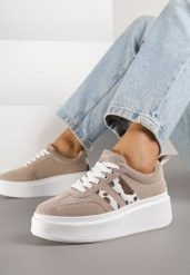 Ciemnobeżowe Sneakersy Klasyczne Tenisówki na Grubej Podeszwie z Koturnem i Paskami Ozdobionymi Printem w Łaty Adessia. Brązowe trampki i tenisówki damskie Renee, bez wzorów, z jeansu, klasyczne, bez zapięcia. Za 99.99 zł.