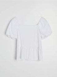 Koszulowa bluzka z wiskozą i domieszką lnu - biały. Białe bluzki damskie Sinsay, l, bez wzorów, z wiskozy, bez kołnierzyka, bez ramiączek. Za 39.99 zł.