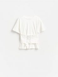 Bawełniany t-shirt z gorsetem - biały. Białe t-shirty damskie Reserved, l, bez wzorów, z bawełny, bez kołnierzyka. Za 119.99 zł.