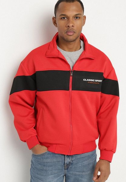 Czerwona Kurtka z Geometrycznym Pasem i Napisem Fonalena. Czerwone kurtki męskie Born2be, l, bez wzorów, z jeansu, klasyczne, bez kaptura. Za 109.99 zł.