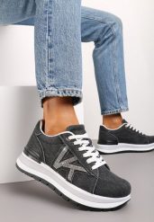 Czarne Sneakersy na Piankowej Platformie Ozdobione Cyrkoniami z Boku Epirvala. Czarne obuwie sportowe damskie Renee, bez wzorów, z jeansu. Za 99.99 zł.