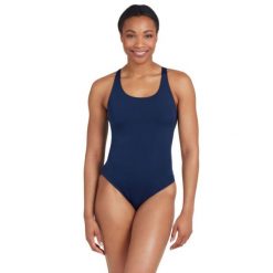 Strój Kąpielowy Zoggs Cottesloe Powerback – Granatowy – Rozmiar 34. Niebieskie kostiumy jednoczęściowe damskie ZOGGS, bez wzorów, z materiału, eleganckie, do pływania. Za 185.30 zł.