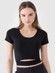 T-shirt crop top gładki damski 4F 4FRSS25TTSHF2695. Czarne t-shirty damskie 4f, m, bez wzorów, z bawełny, sportowe, bez kołnierzyka. Za 53.14 zł.