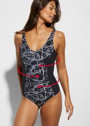 Kostium kąpielowy shape, lekki stopień modelowana sylwetki, z dekoltem w serek. Czarne kostiumy jednoczęściowe damskie bonprix, bez wzorów. Za 119.99 zł.