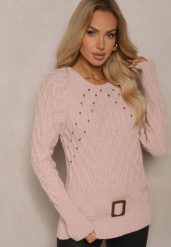 Jasnoróżowy Sweter z Ozdobnym Paskiem i Splotem Vittella. Czerwone swetry damskie Renee, m, z aplikacjami, z jeansu, casualowe, bez kołnierzyka, bez ramiączek, bez kaptura. Za 109.99 zł.
