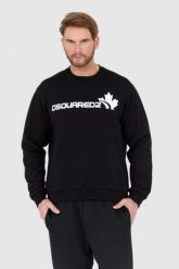 DSQUARED2 Czarna bluza męska z białym logo z liściem. Czarne bluzy męskie Dsquared2, l, bez wzorów, bez kaptura. W wyprzedaży za 999.99 zł.