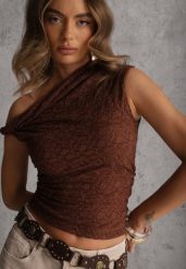 Brązowa Asymetryczna Bluzka z Koronki na Jedno Ramię Olitheilise. Brązowe bluzki damskie Renee, m, bez wzorów, z jeansu, z asymetrycznym kołnierzem, bez ramiączek. Za 74.99 zł.