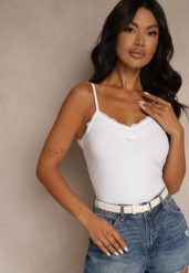 Biały Top z Bawełny z Koronkowym Zdobieniem Grestia. Białe bluzki damskie Renee, l, z aplikacjami, z bawełny, eleganckie, bez kołnierzyka, bez ramiączek. Za 44.99 zł.