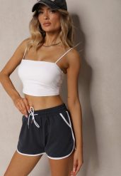 Granatowe Szorty Dresowe z Dodatkiem Bawełny High Waist Wykończone Lamówką Mivorina. Niebieskie szorty sportowe damskie Renee, l, bez wzorów, z bawełny, eleganckie, z podwyższonym stanem. Za 24.99 zł.
