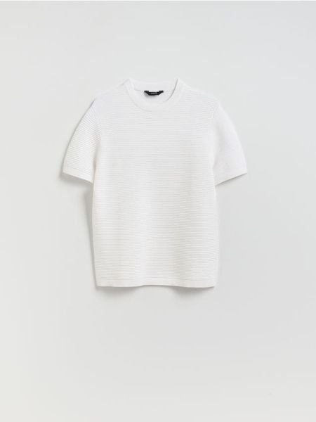 Prążkowany sweter z wiskozą - biały. Białe swetry przez głowę męskie Reserved, l, bez wzorów, z dzianiny, bez kołnierzyka. Za 119.99 zł.