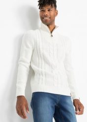 Sweter ze wzorem w warkocze. Białe swetry przez głowę męskie bonprix, m, bez wzorów, ze skóry, bez kołnierzyka. Za 129.99 zł.