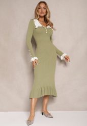 Zielona Sukienka Retro z Dzianiny z Wiskozą Zdobiona Kołnierzykiem Zihanne. Zielone sukienki damskie Renee, m, z aplikacjami, z dzianiny, retro, bez kołnierzyka, bez ramiączek, maxi. Za 129.99 zł.