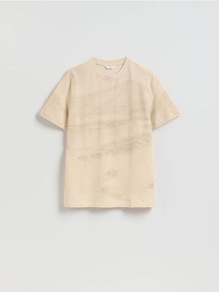Strukturalny t-shirt regular - warm olive. Zielone t-shirty męskie Reserved, l, bez wzorów, z bawełny, bez kołnierzyka. W wyprzedaży za 45.99 zł.