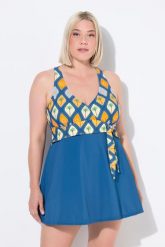 Damski Strój kąpielowy kokardka miękkie miseczki efekt dekoltu typu halter. Niebieskie kostiumy jednoczęściowe damskie Ulla Popken, plus size, bez wzorów, z elastanu, plus size, do pływania. Za 299.99 zł.