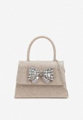 Szampańska Torebka Kopertówka z Cyrkoniową Kokardą Desslia. Żółte kopertówki damskie Renee, bez wzorów, eleganckie, na ramię, małe, bez dodatków. Za 54.99 zł.