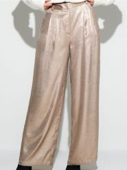 Spodnie wide leg z połyskiem - złoty. Żółte spodnie materiałowe damskie Sinsay, l, bez wzorów. Za 59.99 zł.