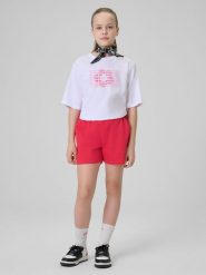 4F Spodenki dresowe dziewczęce - różowe 128 (7-8 lat). Czerwone spodenki dla dziewczynek 4f, na lato, bez wzorów, z bawełny. Za 69.99 zł.