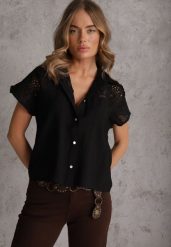 Czarna Wiskozowa Koszula z Krótkim Rękawem Zdobiona Koronkowymi Wstawkami Phiniche. Czarne bluzki damskie Renee, m, z aplikacjami, z jeansu, eleganckie, bez kołnierzyka, bez ramiączek. Za 69.99 zł.