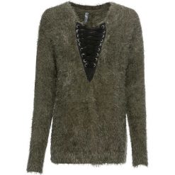 Sweter dzianinowy ze sznurowaną wstawką bonprix głęboki oliwkowy - czarny. Zielone swetry damskie bonprix, z dzianiny, ze sznurowanym dekoltem. Za 109.99 zł.