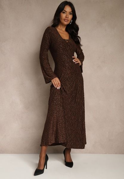 Brązowa Rozkloszowana Sukienka Longsleeve w Zebrę Zdobiona Brokatem Mevilisa. Brązowe sukienki damskie Renee, l, z aplikacjami, klasyczne, bez kołnierzyka, bez ramiączek, maxi, rozkloszowane. Za 169.99 zł.