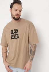 Ciemnobeżowa Bawełniana Koszulka T-shirt z Nadrukiem po Obu Stronach Daven. Brązowe t-shirty męskie Born2be, l, bez wzorów, z bawełny, bez kołnierzyka. Za 54.99 zł.