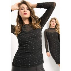 Koszulka w błyszczące groszki. Czarne bluzki damskie Orsay, w grochy, z elastanu, z długim rękawem. Za 79.99 zł.