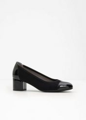 Czółenka na obcasie słupku. Czarne czółenka damskie bonprix, bez wzorów, eleganckie, bez obcasa, na obcasie, bez zapięcia. Za 124.99 zł.