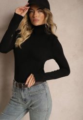 Czarny Golf o Klasycznym Fasonie Portiana. Czarne swetry damskie Renee, m, z aplikacjami, z jeansu, eleganckie, bez kołnierzyka, bez ramiączek, długie, bez kaptura. Za 69.99 zł.