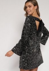 Srebrna Cekinowa Sukienka z Odkrytymi Plecami i Wiązaniem Diadina. Szare sukienki damskie Born2be, na imprezę, z aplikacjami, z elastanu, eleganckie, bez kołnierzyka, bez ramiączek. Za 169.99 zł.