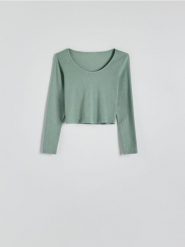 Góra od piżamy - oliwkowy. Zielone piżamy damskie Reserved, l, bez wzorów, z bawełny, bez ramiączek. W wyprzedaży za 29.99 zł.