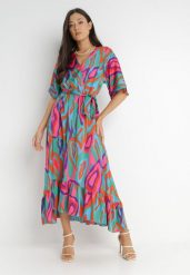 Zielono-Różowa Sukienka Cesetros. Zielone sukienki damskie Born2be, l, bez wzorów, bez kołnierzyka, bez ramiączek, midi, kopertowe. Za 159.99 zł.