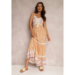 Pomarańczowo-Różowa Sukienka Fjorrit. Brązowe sukienki damskie Renee, na imprezę, l, bez wzorów, z koronki, boho, bez kołnierzyka, bez ramiączek, maxi, rozkloszowane. Za 84.99 zł.