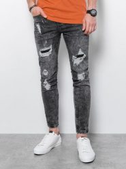 Spodnie męskie jeansowe z dziurami SLIM FIT - szare V2 - Rozmiar: L. Szare spodnie materiałowe męskie Ombre Clothing, l, bez wzorów, z bawełny. W wyprzedaży za 69.99 zł.