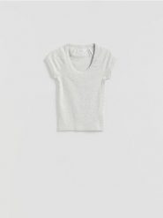 T-shirt slim fit - jasnoszary. Szare t-shirty damskie Reserved, l, bez wzorów, z bawełny, bez kołnierzyka. Za 35.99 zł.