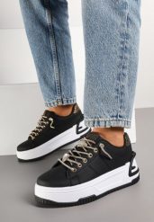 Czarne Sneakersy na Platformie Ozdobione Cyrkoniami Deomaria. Czarne obuwie sportowe damskie Renee, z aplikacjami, z jeansu. Za 79.99 zł.