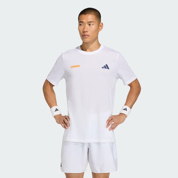 Tenisowa koszulka z grafiką Hot Egg. Białe koszulki sportowe męskie Adidas, bez wzorów, bez kołnierzyka, bez ramiączek, tenisowe, climacool (adidas). Za 149.00 zł.