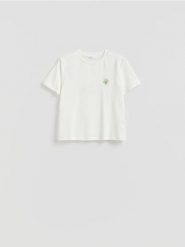 T-shirt z koralikami - biały. Białe t-shirty damskie Reserved, l, bez wzorów, z bawełny, bez kołnierzyka. Za 79.99 zł.