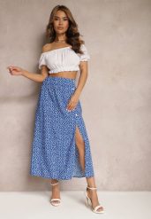 Niebieska Casualowa Spódnica Ozdobiona Guzikami i Wycięciem Fiada. Niebieskie spódnice damskie Renee, m, bez wzorów, eleganckie, midi, dopasowane. Za 64.99 zł.