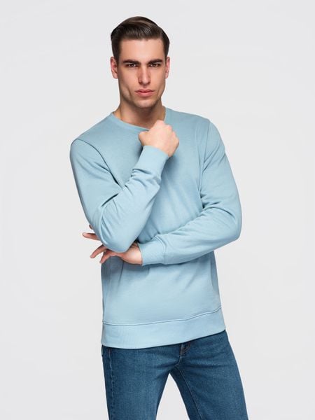 Bluza męska dresowa BASIC z okrągłym dekoltem OM-SSBN-0271 - - Rozmiar: L. Niebieskie bluzy męskie Ombre Clothing, l, z aplikacjami, z bawełny, bez kaptura. Za 189.99 zł.